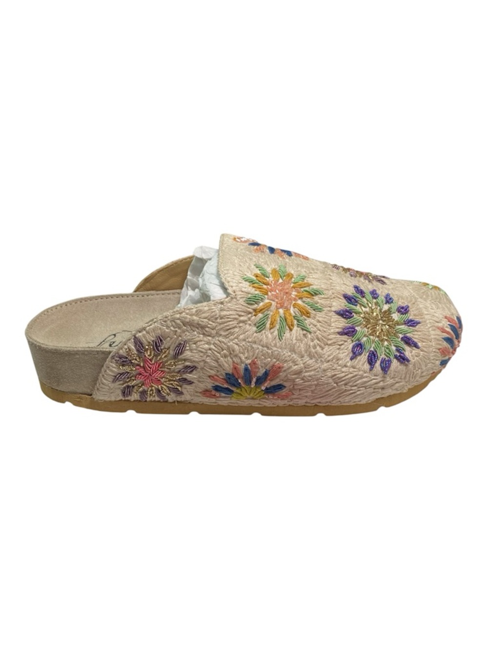New Free People Crochet Damon Mule Size 7.5-8 Cream Fabric Embroidered Boho Box